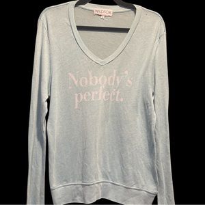 Wildfox XS oversized *nobody’s perfect* v neck lightweight baby blue sweater